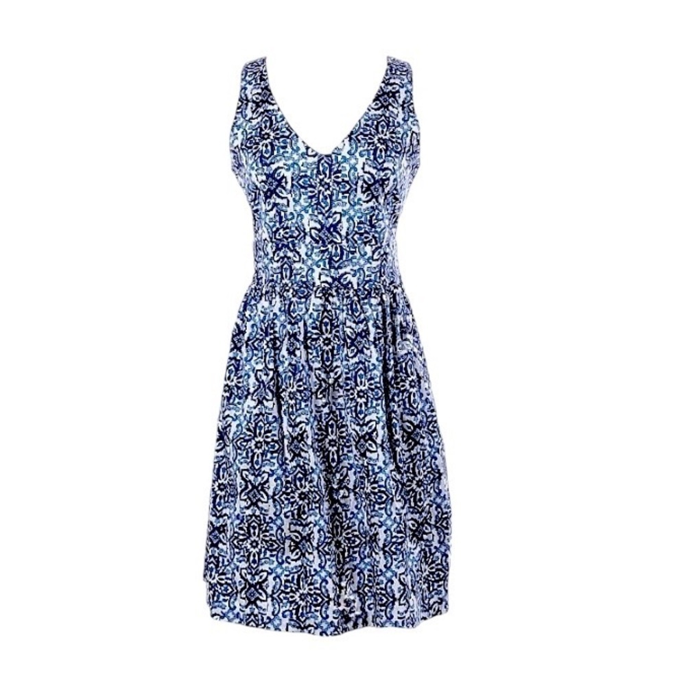 Milly Blue Combo Sleeveless V Neck A Line Cotton Blend Dress Blue Sz 2